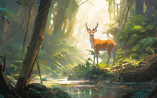 Картинка олень, лес, природа, река, свет, пейзаж, животные, зелень, туман, спокойствие