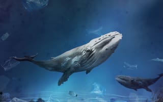 Картинка кит, океан, мусор, природа, экология, глубина, животные
