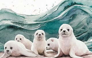 Картинка тюлени, море, животные, акварель, природа, пейзаж, младенцы