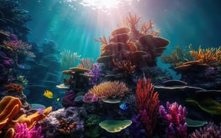 Картинка океан, кораллы, подводный мир, рыбы, глубина, природа, свет