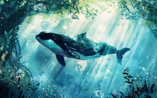 Картинка кит, природа, океан, подводный мир, лес, свет, иллюстрация, фантазия, водоросли, цветы
