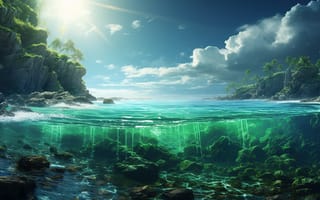 Картинка океан, пейзаж, природа, пальмы, солнце, скалы, вода