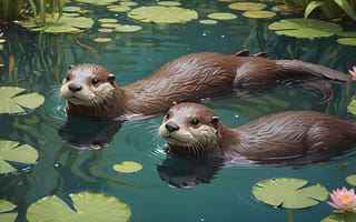 Картинка выдры, вода, природа, растения, листья, пейзаж, животные
