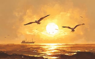 Картинка закат, море, корабль, птицы, природа, пейзаж, океан, солнце, животные, горы