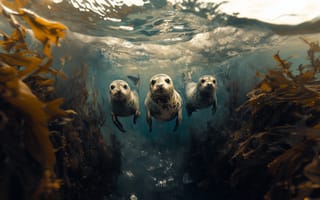 Картинка тюлени, подводный мир, океан, природа, морская жизнь, водоросли, фотография