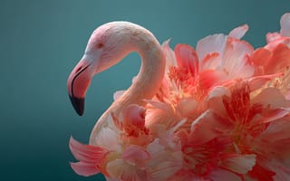 Картинка фламинго, цветы, птица, природа, красота, арт, фоновое изображение