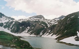 Картинка горы, озеро, природа, пейзаж, снег, небо, зелень