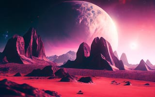 Картинка космос, планета, горы, пейзаж, галактика, красный, фантазия, небо, звезды, вселенной