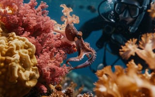 Картинка осьминог, кораллы, подводный мир, дайвинг, океан, морская жизнь, погружение