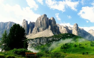 Картинка горы, природа, пейзаж, лес, облака, солнце, мгла