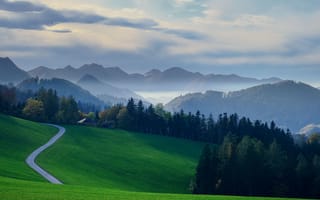 Картинка пейзаж, горы, природа, дорога, лес, небо, зелень, осень