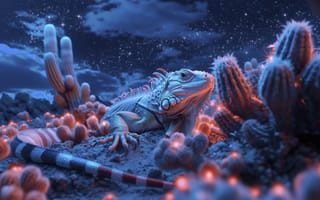 Картинка игуана, пейзаж, ночь, кактусы, звезды, природа, свет