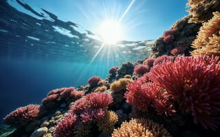 Картинка кораллы, океан, подводный мир, солнце, природа, глубина, водоросли, экосистема, красота, мир