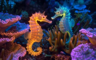 Картинка морские коньки, кораллы, подводный мир, океан, яркие цвета, животные, глубина