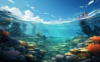 Картинка подводный мир, океан, природа, кораллы, рыбы, пейзаж, свет