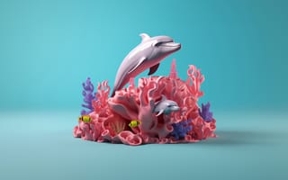 Картинка дельфины, кораллы, море, подводный мир, животные, цвета, декорации