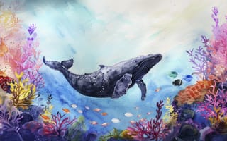Картинка кит, океан, подводный мир, кораллы, животные, искусство, цвета