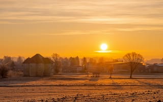 Картинка закат, пейзаж, солнце, деревня, зима, природа, холод
