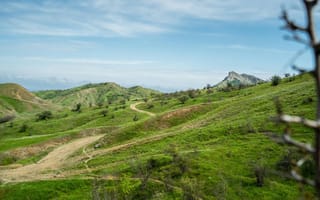 Картинка пейзаж, горы, природа, зелень, дорога, небо, холмы