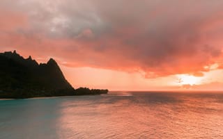 Картинка закат, море, горы, пейзаж, природа, облака, отдых