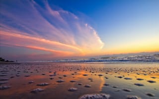 Картинка море, закат, пейзаж, облака, пляж, природа, отражение