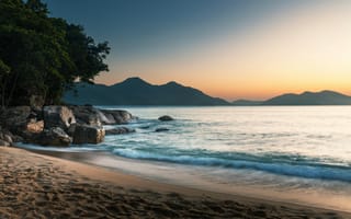 Картинка пляж, море, закат, природа, горы, пейзаж, песок