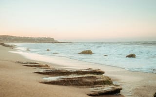 Картинка море, пляж, пейзаж, камни, закат, природа, отдых