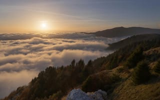 Картинка горы, закат, облака, природа, пейзаж, лес, мгновение