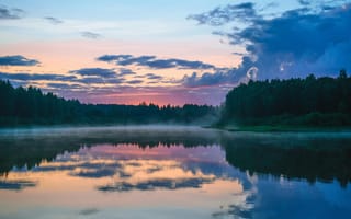 Картинка природа, озеро, закат, лес, отражение, пейзаж, мгла