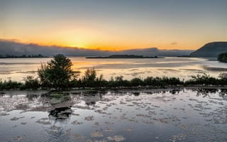 Картинка закат, природа, река, пейзаж, водоем, деревья, мир