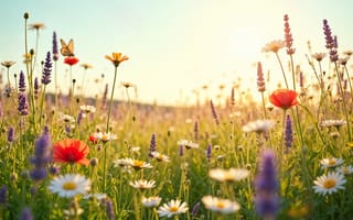 Картинка цветы, природа, лето, солнце, пейзаж, бабочка, поле