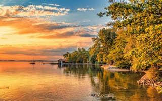 Картинка закат, природа, озеро, деревья, пейзаж, мирный, водная гладь