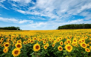 Картинка подсолнухи, пейзаж, небо, цветы, лето, природа, поле
