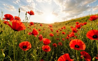 Картинка мак, пейзаж, цветы, природа, солнце, небо, лето