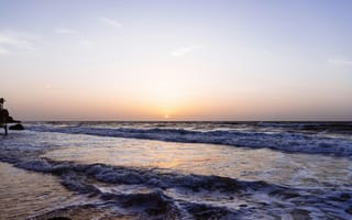 Картинка закат, море, пейзаж, природа, пляж, волны, небо