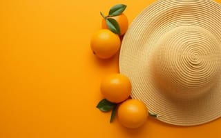 Картинка апельсины, шляпа, лето, фрукты, жёлтый, декор, натюрморт