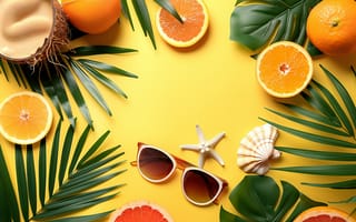 Картинка фрукты, лето, пальмы, солнцезащитные очки, море, отпуск, цитрусовые