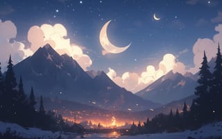 Картинка горы, луна, закат, природа, облака, озеро, ночь, пейзаж, звезды, лес