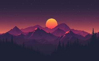 Картинка горы, закат, природа, пейзаж, лес, ночное небо, иллюстрация