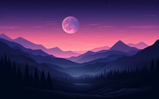 Картинка горы, луна, закат, пейзаж, природа, ночь, лес
