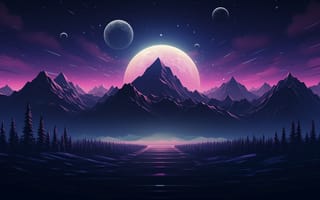 Картинка космос, горы, луна, пейзаж, ночь, звезды, галактика, природа, фантазия, обои