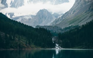 Картинка горы, озеро, природа, пейзаж, лес, облака, водопад