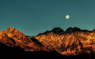 Картинка горы, луна, природа, пейзаж, закат, небо, ландшафт