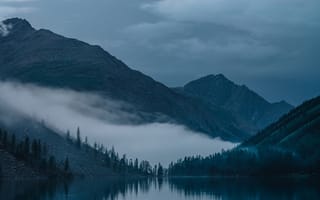 Картинка горы, озеро, природа, туман, пейзаж, ночь, спокойствие