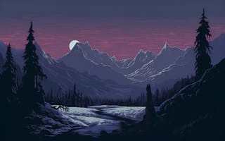 Картинка горы, природа, пейзаж, ночь, луна, лес, зима, снег, река, темнота