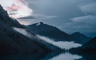 Картинка горы, озеро, природа, закат, туман, пейзаж, небо