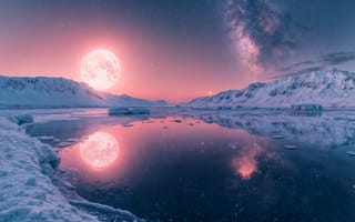 Картинка луна, пейзаж, ночь, звезды, отражение, лед, космос, природа, горы, мир