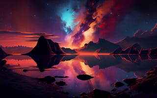 Картинка пейзаж, космос, горы, отражение, небо, галактика, цвета, вечер, спокойствие
