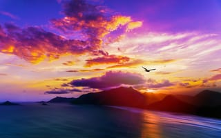 Картинка закат, пейзаж, небо, горы, море, самолет, облака, природа, красота, цвета