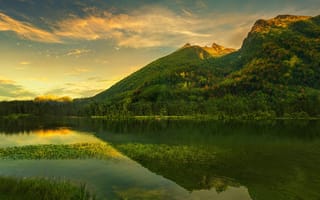 Картинка природа, горы, озеро, закат, пейзаж, отражение, лес, спокойствие